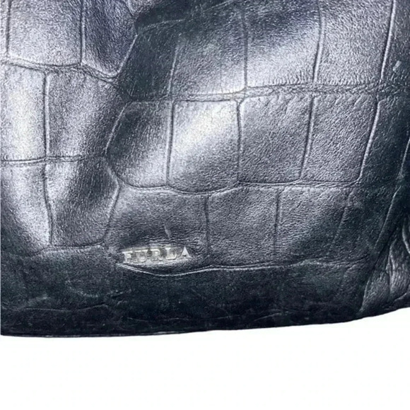 Furla Black Leather Croc‎ Embossed Shoulder Bag Purse - Picture 13 of 16